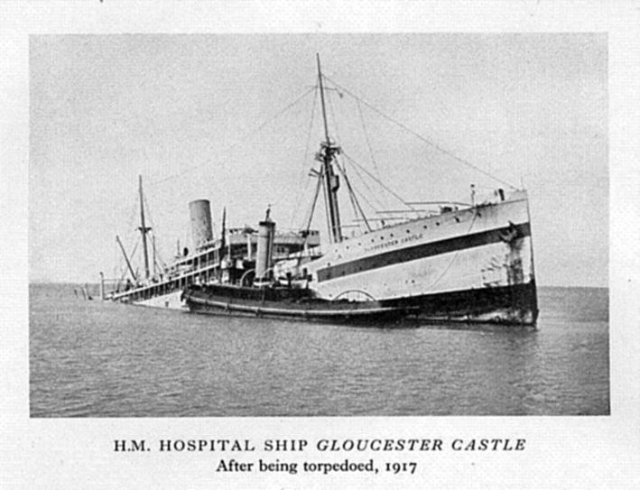 Torpedoed hospital ship Gloucester Castle (Wikipedia)