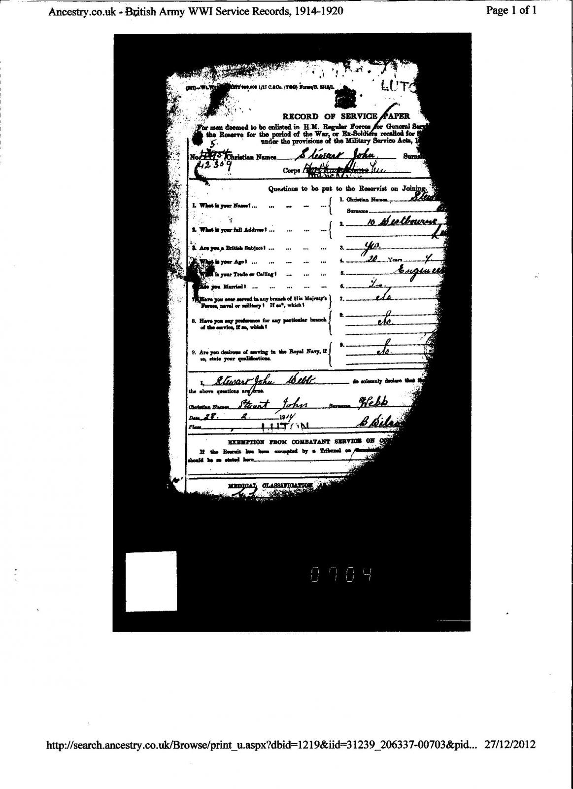 Stuart John Webb Enlistment Papers