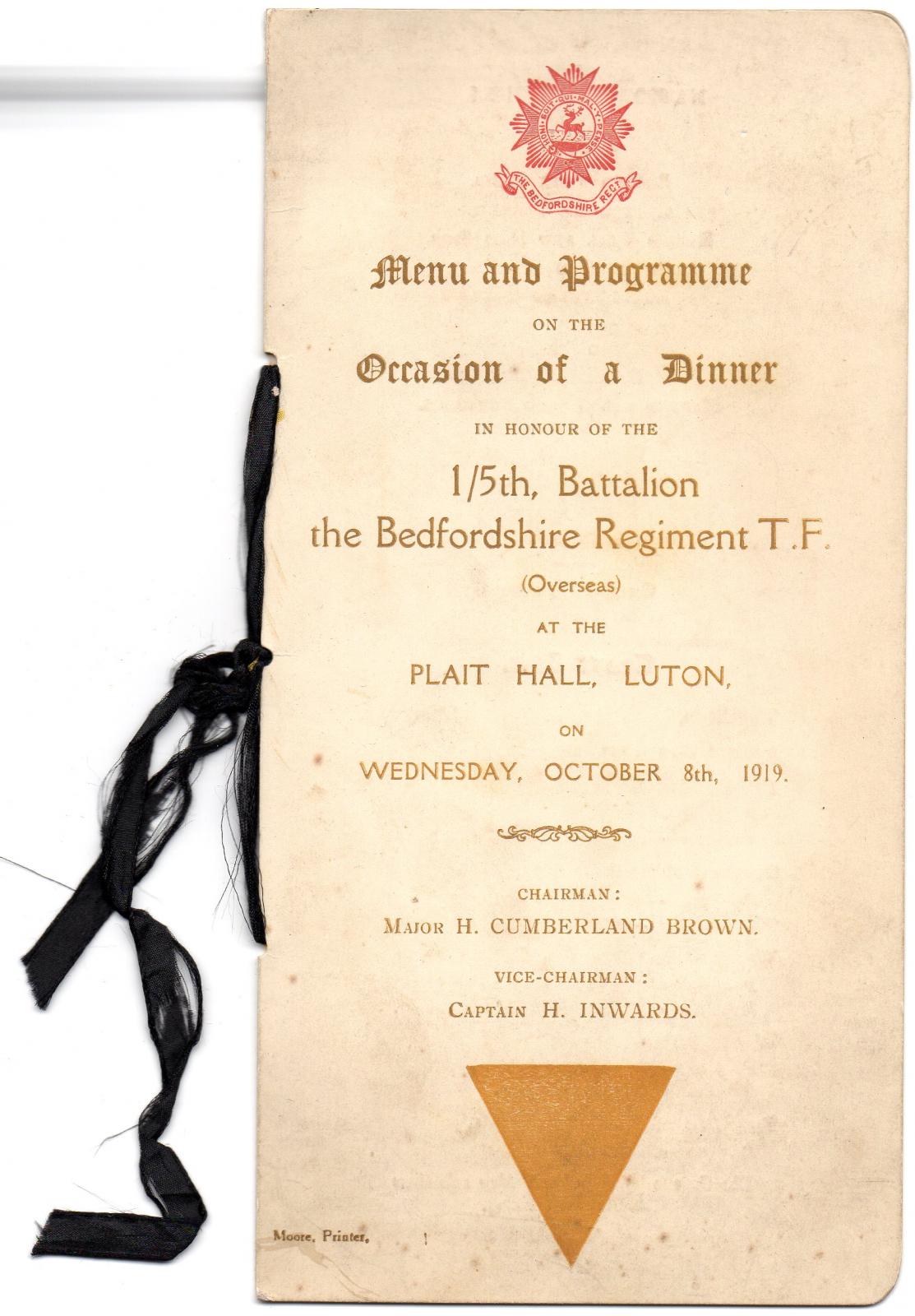 Dinner in Honour of 1/5 Battalion Bedfordshire Reg. 8 October 1919
