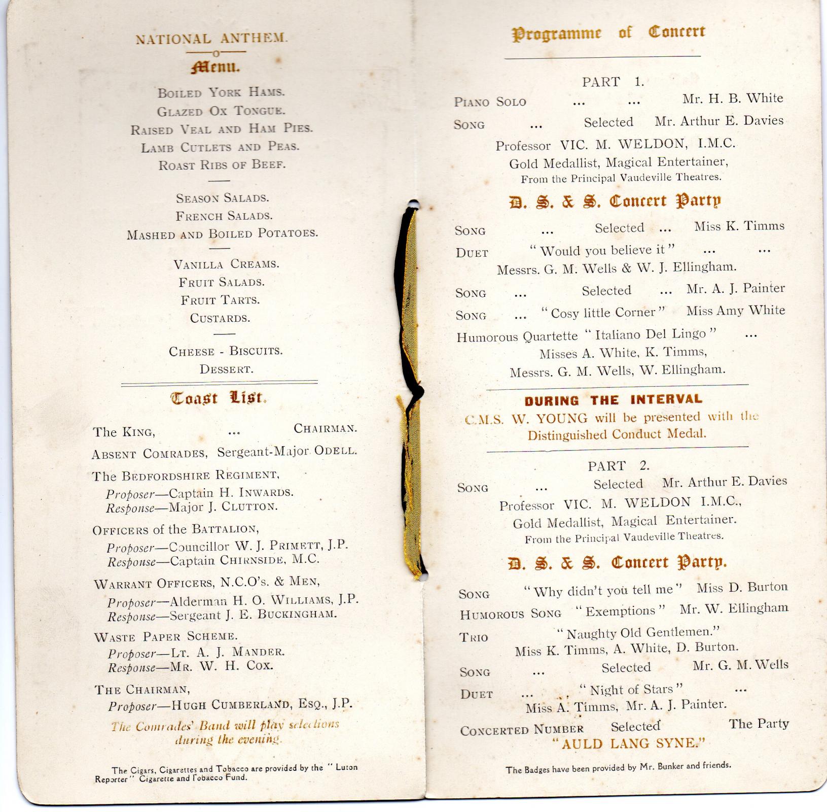 Dinner 8 October 1919  Menu/Toast/ Concert