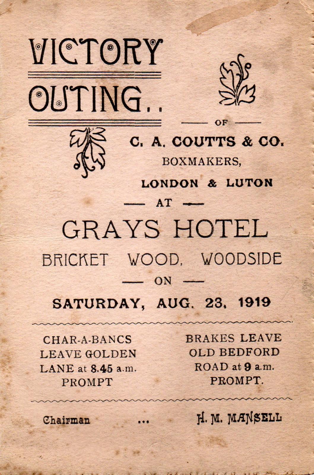 Victory outing of C A Coutts on 23 August 1919