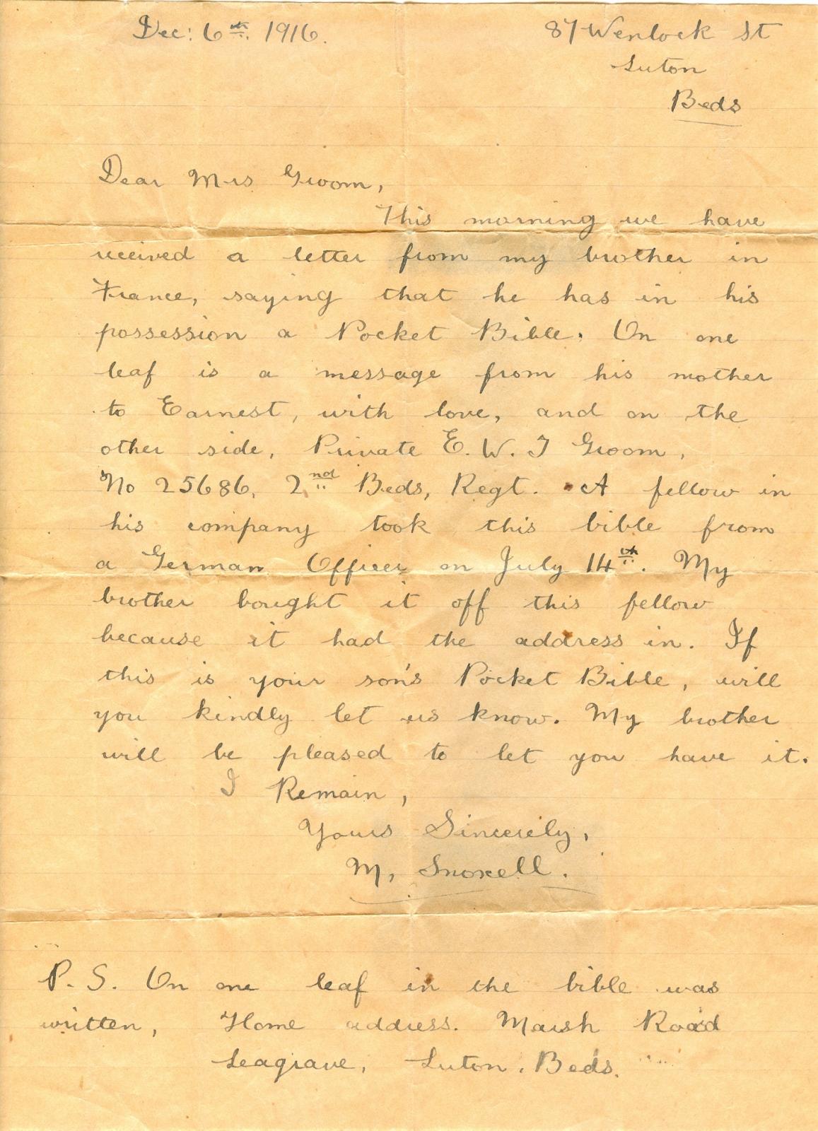 Letter accompanying Ernest Groom's pocket Bible